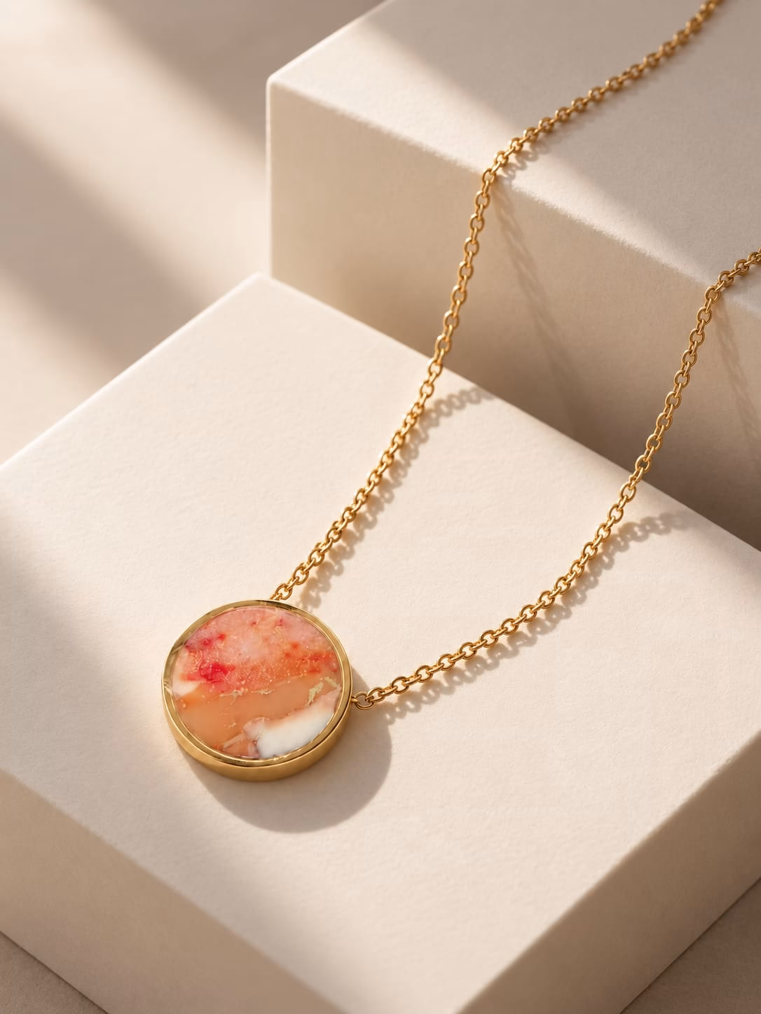 Colar Roséa em aço inoxidável dourado com pendente circular em argila polímera rosa, coral e branca
